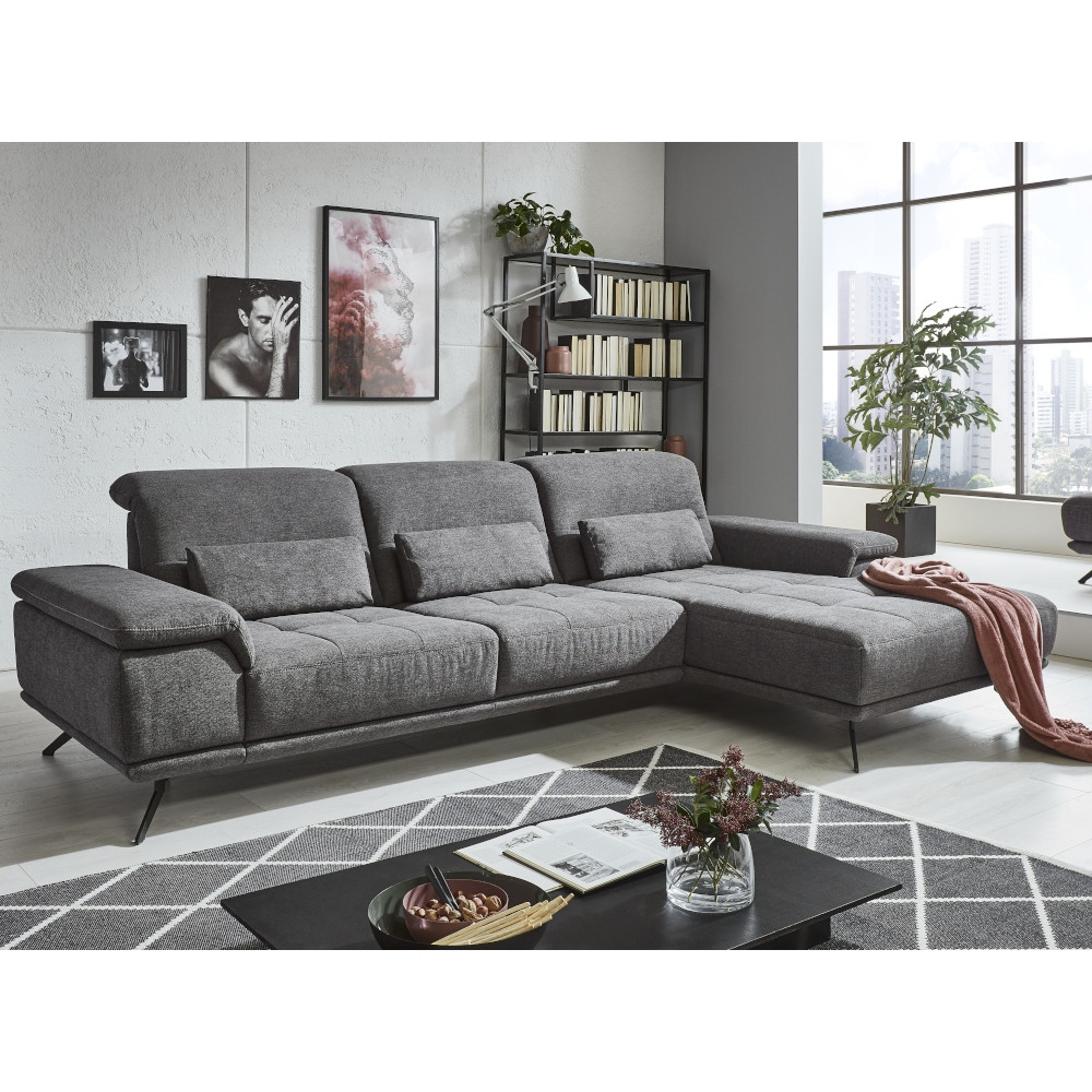 Couch LS20 in anthrazit mit Kontrastfaden und Metallfüsse in schwarz,  mit XL Canape und Kopfstüt